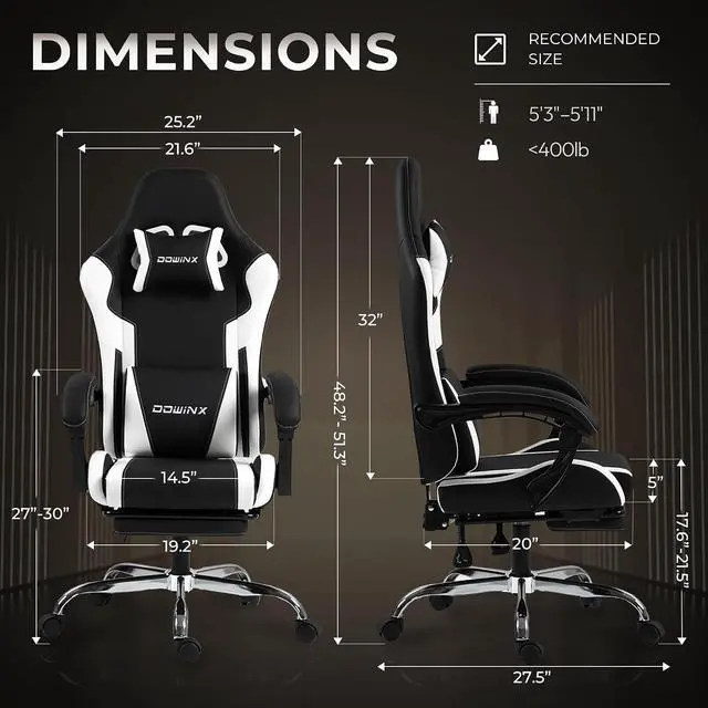 Alt view image 3 of 6 - Gaming Chair with Footrest & Massage Lumbar, Ergonomic Computer Chair 330lbs with Headrest Pillow for Office, Home, Streaming and Long Gaming Sessions, White