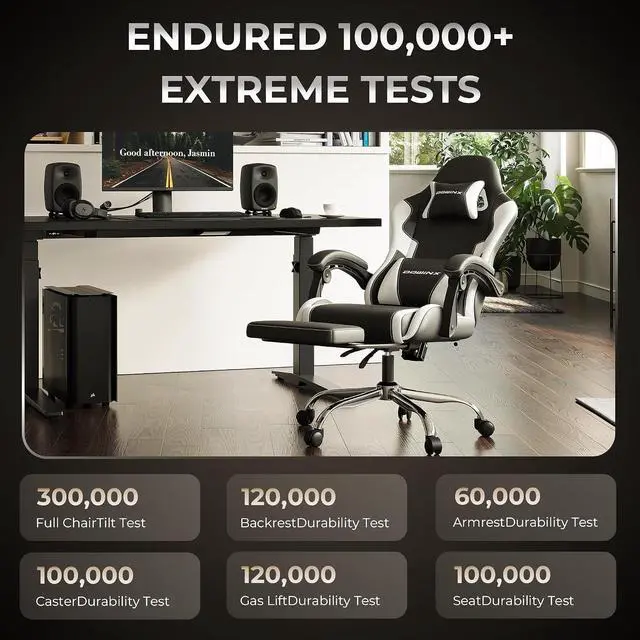 Alt view image 6 of 6 - Gaming Chair with Footrest & Massage Lumbar, Ergonomic Computer Chair 330lbs with Headrest Pillow for Office, Home, Streaming and Long Gaming Sessions, White