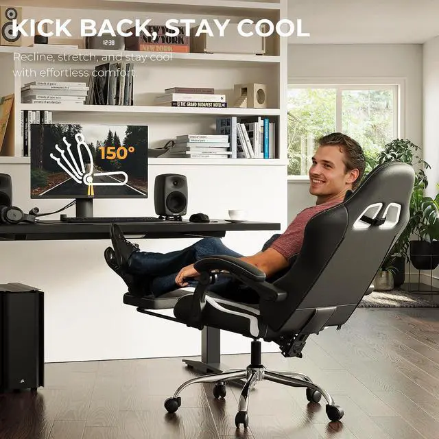 Alt view image 5 of 6 - Gaming Chair with Footrest & Massage Lumbar, Ergonomic Computer Chair 330lbs with Headrest Pillow for Office, Home, Streaming and Long Gaming Sessions, White