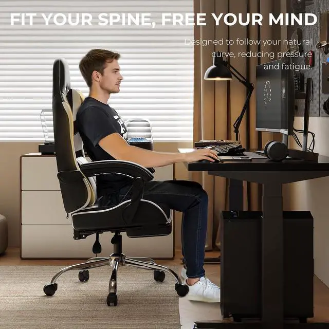 Alt view image 4 of 6 - Gaming Chair with Footrest & Massage Lumbar, Ergonomic Computer Chair 330lbs with Headrest Pillow for Office, Home, Streaming and Long Gaming Sessions, White
