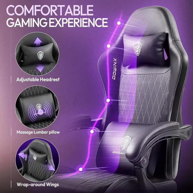 Alt view image 7 of 7 - Gaming Chair with Massage Lumbar Support and Footrest, Video Game Chair for Adults, Adjustable Ergonomic Gamer Chairs High Back with Pocket Spring Cushion, Swivel Recliner with Headrest, Black