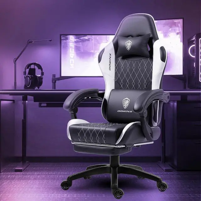 Alt view image 2 of 7 - Gaming Chair with Massage Lumbar Support and Footrest, Video Game Chair for Adults, Adjustable Ergonomic Gamer Chairs High Back with Pocket Spring Cushion, Swivel Recliner, Black and White