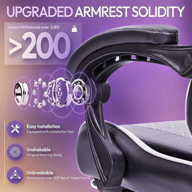 Alt view image 5 of 7 - Gaming Chair with Massage Lumbar Support and Footrest, Video Game Chair for Adults, Adjustable Ergonomic Gamer Chairs High Back with Pocket Spring Cushion, Swivel Recliner, Black and White