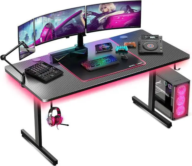 Main image of 55 Inch Gaming Desk with LED Lights, Large Computer Desk with Mouse Pad for Home Office, T-Shaped Carbon Fibre Surface PC Game Workstations with Headphone Hook