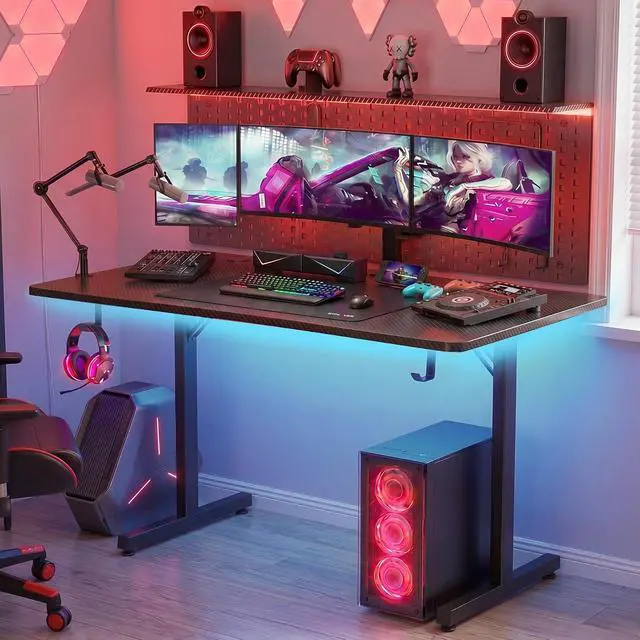 Alt view image 2 of 7 - 55 Inch Gaming Desk with LED Lights, Large Computer Desk with Mouse Pad for Home Office, T-Shaped Carbon Fibre Surface PC Game Workstations with Headphone Hook