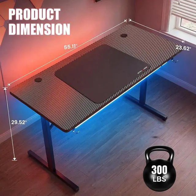Alt view image 3 of 7 - 55 Inch Gaming Desk with LED Lights, Large Computer Desk with Mouse Pad for Home Office, T-Shaped Carbon Fibre Surface PC Game Workstations with Headphone Hook