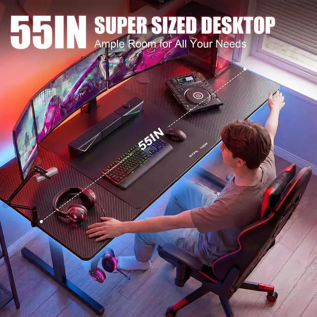 Alt view image 4 of 7 - 55 Inch Gaming Desk with LED Lights, Large Computer Desk with Mouse Pad for Home Office, T-Shaped Carbon Fibre Surface PC Game Workstations with Headphone Hook