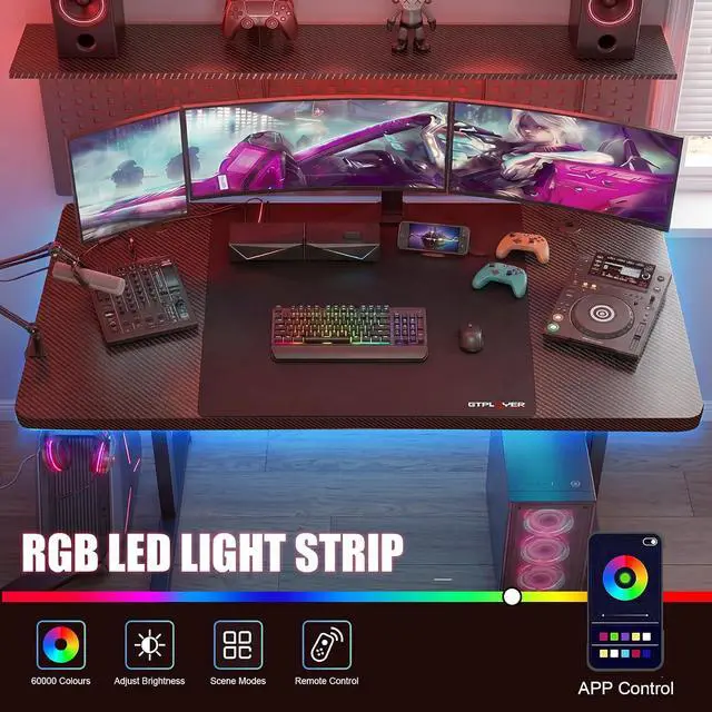 Alt view image 5 of 7 - 55 Inch Gaming Desk with LED Lights, Large Computer Desk with Mouse Pad for Home Office, T-Shaped Carbon Fibre Surface PC Game Workstations with Headphone Hook