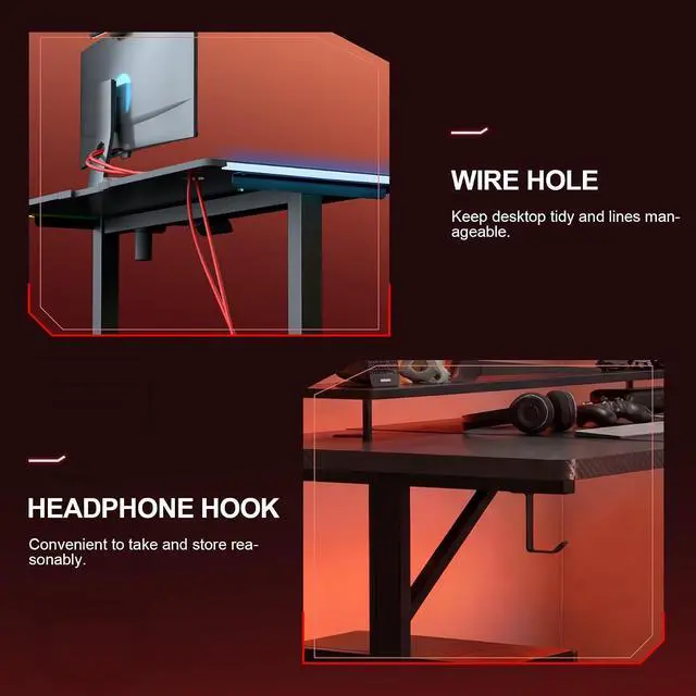 Alt view image 6 of 7 - 55 Inch Gaming Desk with LED Lights, Large Computer Desk with Mouse Pad for Home Office, T-Shaped Carbon Fibre Surface PC Game Workstations with Headphone Hook