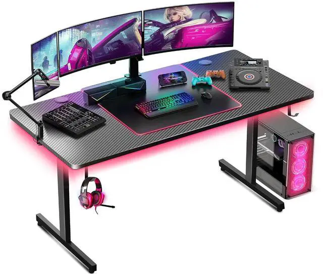 Main image of Gaming Desk 55 Inch with LED Lights, Large Computer Desk with Mouse Pad for Home Office, T-Shaped Carbon Fibre Surface PC Game Workstations with Headphone Hook