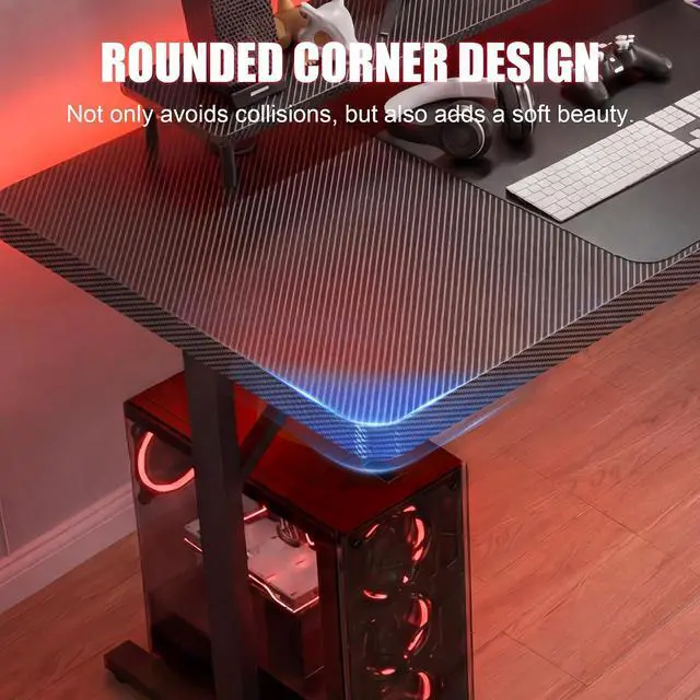 Alt view image 7 of 7 - 55 Inch Gaming Desk with LED Lights, Large Computer Desk with Mouse Pad for Home Office, T-Shaped Carbon Fibre Surface PC Game Workstations with Headphone Hook