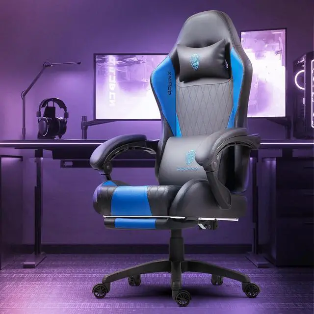 Alt view image 2 of 7 - Gaming Chair with Massage Lumbar Support and Footrest, Video Game Chair for Adults, Adjustable Ergonomic Gamer Chairs High Back with Pocket Spring Cushion, Swivel Recliner with Headrest, Blue