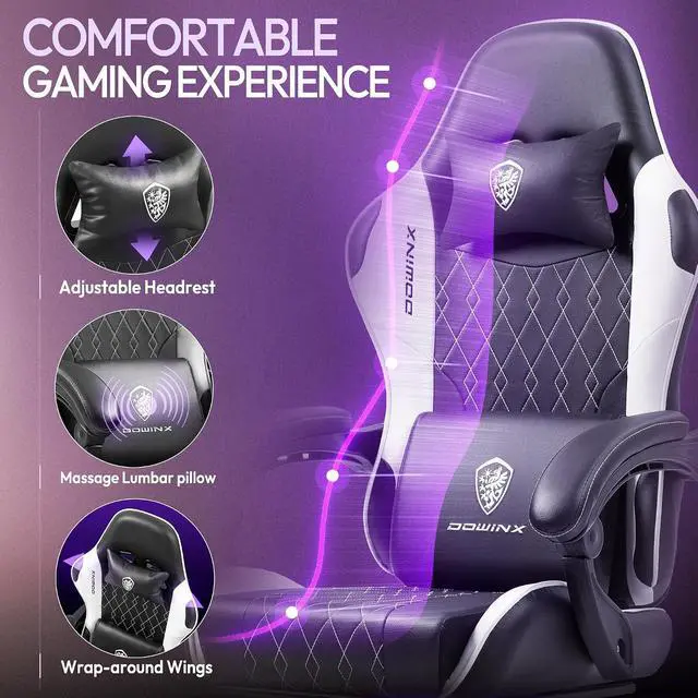 Alt view image 7 of 7 - Gaming Chair with Massage Lumbar Support and Footrest, Video Game Chair for Adults, Adjustable Ergonomic Gamer Chairs High Back with Pocket Spring Cushion, Swivel Recliner, Black and White