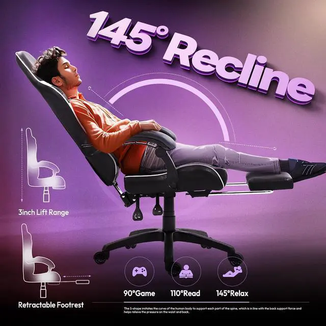 Alt view image 6 of 7 - Gaming Chair with Massage Lumbar Support and Footrest, Video Game Chair for Adults, Adjustable Ergonomic Gamer Chairs High Back with Pocket Spring Cushion, Swivel Recliner, Black and White