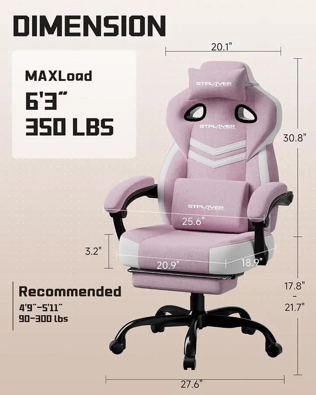 Alt view image 3 of 7 - Gaming Chairs for Adult - Ergonomic Big & Tall Gaming Seat with Footrest & Lumbar Support, Comfortable Office Chair 90-155° Reclining - Heavy Duty Wide Computer Seat, Pink