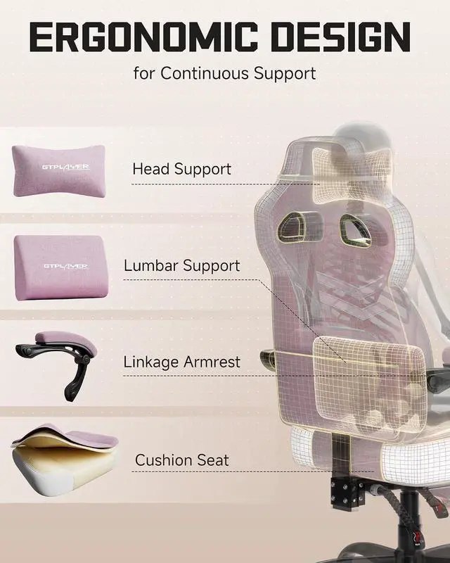 Alt view image 5 of 7 - Gaming Chairs for Adult - Ergonomic Big & Tall Gaming Seat with Footrest & Lumbar Support, Comfortable Office Chair 90-155° Reclining - Heavy Duty Wide Computer Seat, Pink