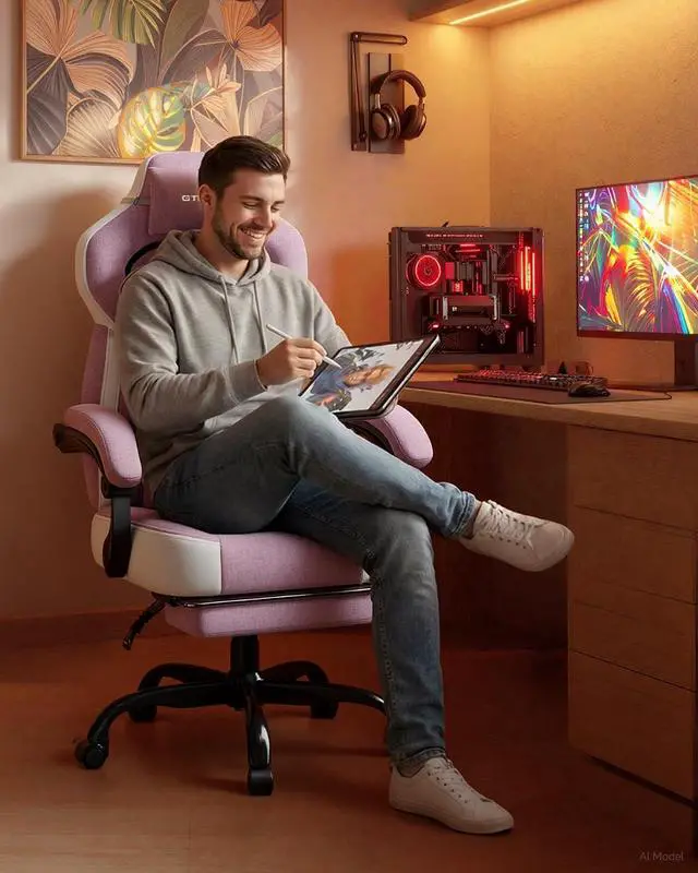 Alt view image 2 of 7 - Gaming Chairs for Adult - Ergonomic Big & Tall Gaming Seat with Footrest & Lumbar Support, Comfortable Office Chair 90-155° Reclining - Heavy Duty Wide Computer Seat, Pink
