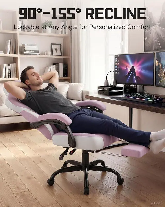 Alt view image 6 of 7 - Gaming Chairs for Adult - Ergonomic Big & Tall Gaming Seat with Footrest & Lumbar Support, Comfortable Office Chair 90-155° Reclining - Heavy Duty Wide Computer Seat, Pink
