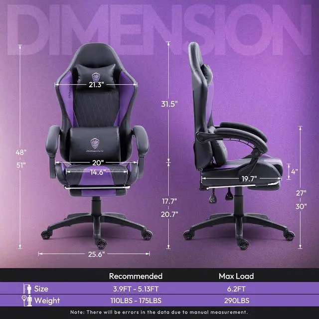 Alt view image 3 of 7 - Gaming Chair with Massage Lumbar Support and Footrest, Video Game Chair for Adults, Adjustable Ergonomic Gamer Chairs High Back with Pocket Spring Cushion, Swivel Recliner with Headrest, Purple