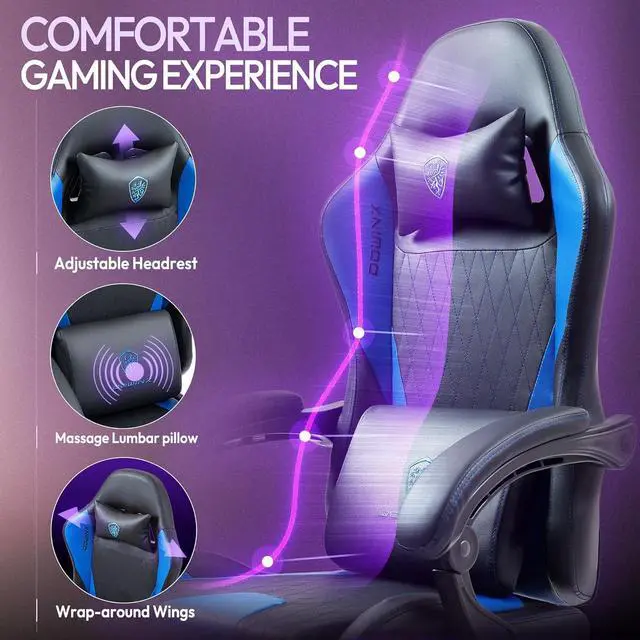 Alt view image 7 of 7 - Gaming Chair with Massage Lumbar Support and Footrest, Video Game Chair for Adults, Adjustable Ergonomic Gamer Chairs High Back with Pocket Spring Cushion, Swivel Recliner with Headrest, Blue