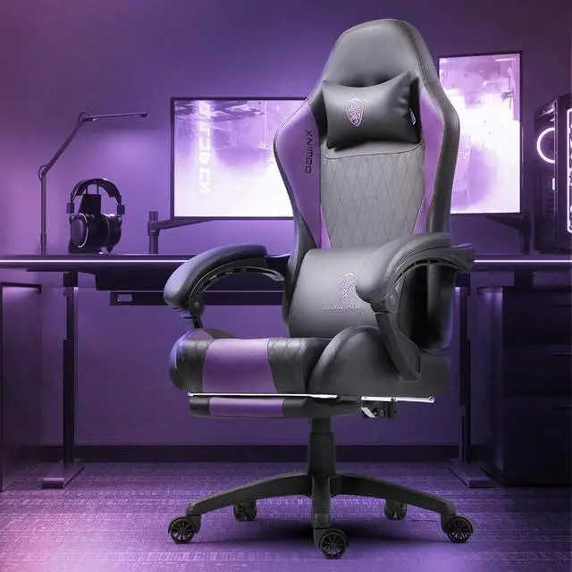 Alt view image 2 of 7 - Gaming Chair with Massage Lumbar Support and Footrest, Video Game Chair for Adults, Adjustable Ergonomic Gamer Chairs High Back with Pocket Spring Cushion, Swivel Recliner with Headrest, Purple