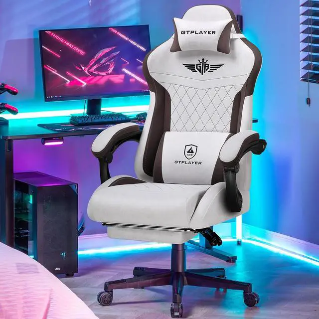 Alt view image 2 of 7 - Gaming Chair, Video Game Chairs with Footrest and Lumbar Support, Computer Chair for Adults with Extended Backrest, Ergonomic Reclining Silla Gamer, Fabric, Brown