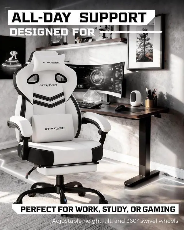 Alt view image 3 of 7 - Gaming Chairs for Adult - Ergonomic Big & Tall Gaming Seat with Footrest & Lumbar Support, Comfortable Office Chair 90-155° Reclining - Heavy Duty Wide Computer Seat, White Grey