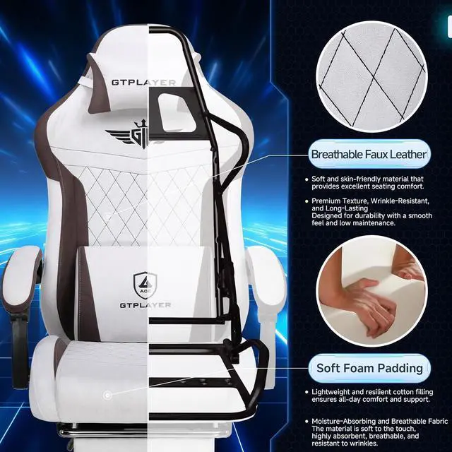 Alt view image 6 of 7 - Gaming Chair, Video Game Chairs with Footrest and Lumbar Support, Computer Chair for Adults with Extended Backrest, Ergonomic Reclining Silla Gamer, Fabric, Brown