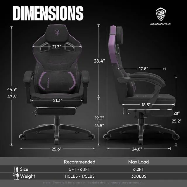 Alt view image 3 of 7 - Gaming Chair Fabric with Massage Lumbar Support, Big and Tall Gaming Chairs for Adults, High Back Computer Chair with Footrest for Office Gaming, Purple