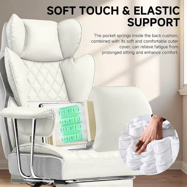 Alt view image 4 of 7 - Big and Tall Office Chair, High Back Leather Gaming Chair with Footrest, Executive Ergonomic Office Chairs with Pocket Spring Lumbar Support and with Outward Fixed Soft Armrests
