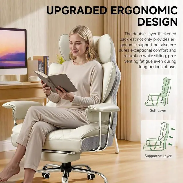 Alt view image 5 of 7 - Big and Tall Office Chair, High Back Leather Gaming Chair with Footrest, Executive Ergonomic Office Chairs with Pocket Spring Lumbar Support and with Outward Fixed Soft Armrests