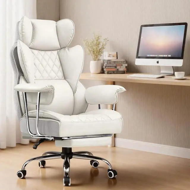 Alt view image 2 of 7 - Big and Tall Office Chair, High Back Leather Gaming Chair with Footrest, Executive Ergonomic Office Chairs with Pocket Spring Lumbar Support and with Outward Fixed Soft Armrests
