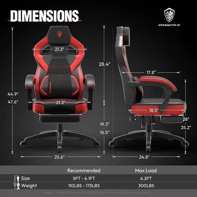 Alt view image 2 of 6 - Gaming Chair with Footrest, Big and Tall Gaming Chair for Heavy People, Gamer Chair for Adult with Massage, Ergonomic Gaming Chair with headrest, Computer Game Chair for 200lbs, Red