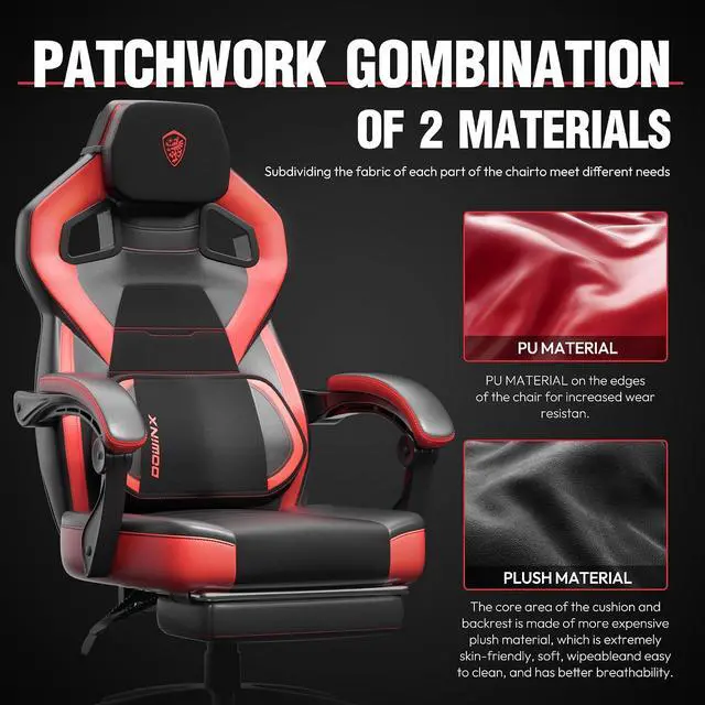 Alt view image 4 of 6 - Gaming Chair with Footrest, Big and Tall Gaming Chair for Heavy People, Gamer Chair for Adult with Massage, Ergonomic Gaming Chair with headrest, Computer Game Chair for 200lbs, Red