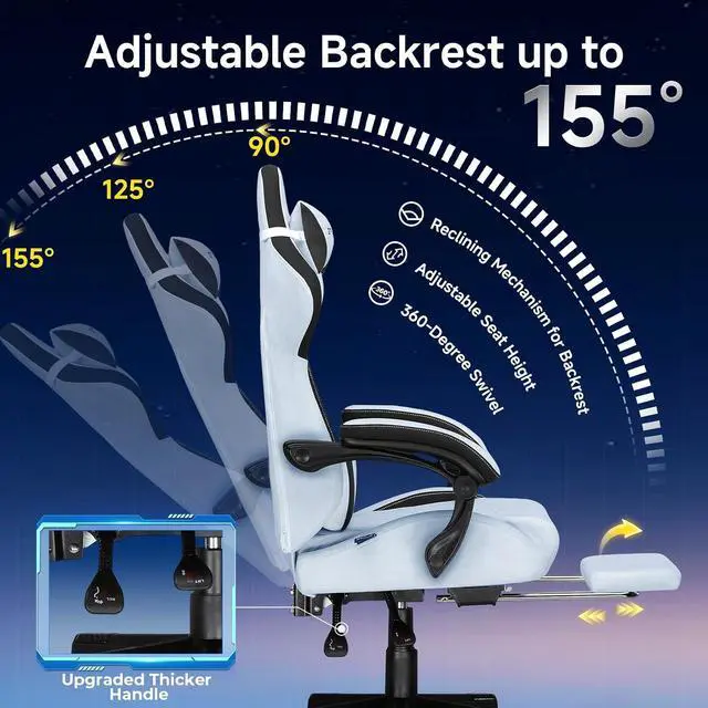 Alt view image 4 of 7 - Gaming Chair, Video Game Chairs with Footrest and Lumbar Support, Computer Chair for Adults with Extended Backrest, Ergonomic Reclining Silla Gamer, Velvet Fabric, Light Blue