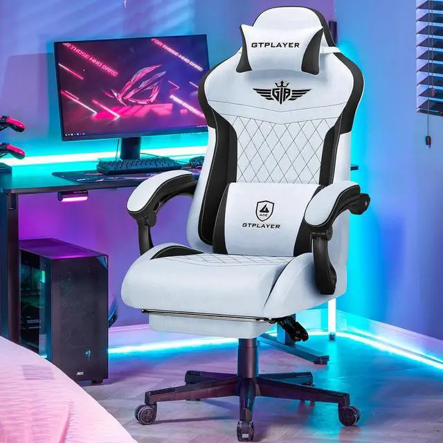 Alt view image 2 of 7 - Gaming Chair, Video Game Chairs with Footrest and Lumbar Support, Computer Chair for Adults with Extended Backrest, Ergonomic Reclining Silla Gamer, Velvet Fabric, Light Blue