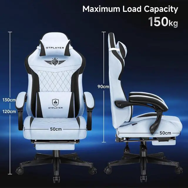 Alt view image 3 of 7 - Gaming Chair, Video Game Chairs with Footrest and Lumbar Support, Computer Chair for Adults with Extended Backrest, Ergonomic Reclining Silla Gamer, Velvet Fabric, Light Blue