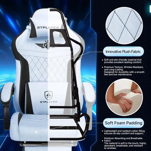 Alt view image 6 of 7 - Gaming Chair, Video Game Chairs with Footrest and Lumbar Support, Computer Chair for Adults with Extended Backrest, Ergonomic Reclining Silla Gamer, Velvet Fabric, Light Blue