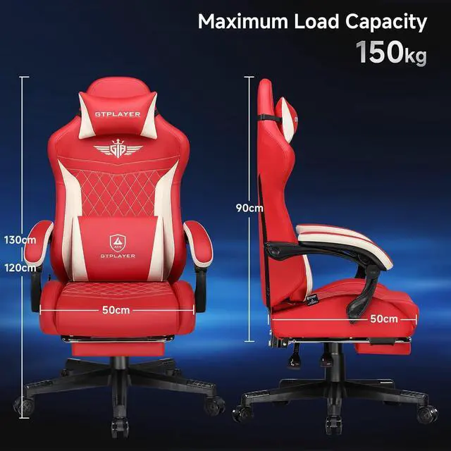 Alt view image 3 of 7 - Gaming Chair, Video Game Chairs with Footrest and Lumbar Support, Computer Chair for Adults with Extended Backrest, Ergonomic Reclining Silla Gamer, PU-Leather, Red