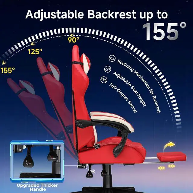 Alt view image 4 of 7 - Gaming Chair, Video Game Chairs with Footrest and Lumbar Support, Computer Chair for Adults with Extended Backrest, Ergonomic Reclining Silla Gamer, PU-Leather, Red