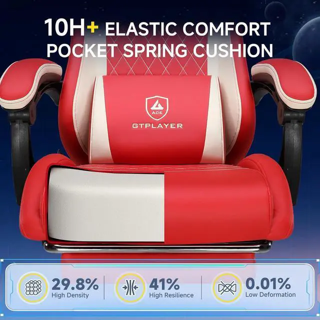 Alt view image 7 of 7 - Gaming Chair, Video Game Chairs with Footrest and Lumbar Support, Computer Chair for Adults with Extended Backrest, Ergonomic Reclining Silla Gamer, PU-Leather, Red