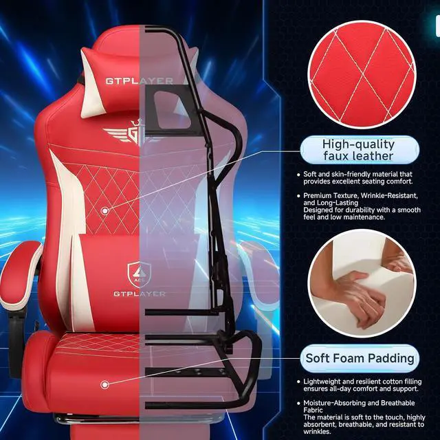 Alt view image 6 of 7 - Gaming Chair, Video Game Chairs with Footrest and Lumbar Support, Computer Chair for Adults with Extended Backrest, Ergonomic Reclining Silla Gamer, PU-Leather, Red