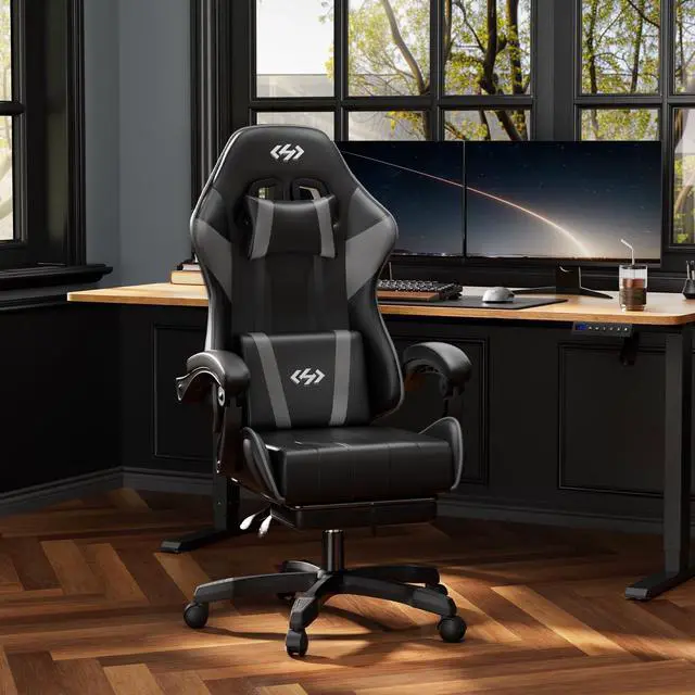 Alt view image 2 of 7 - Gaming Chair, Ergonomic Computer Office Chair with Lumbar Support Footrest Headrest, Adjustable Height & Backrest Angle Video Gamer Chair, PU Leather, 360° Swivel, Adult (Black&Grey)