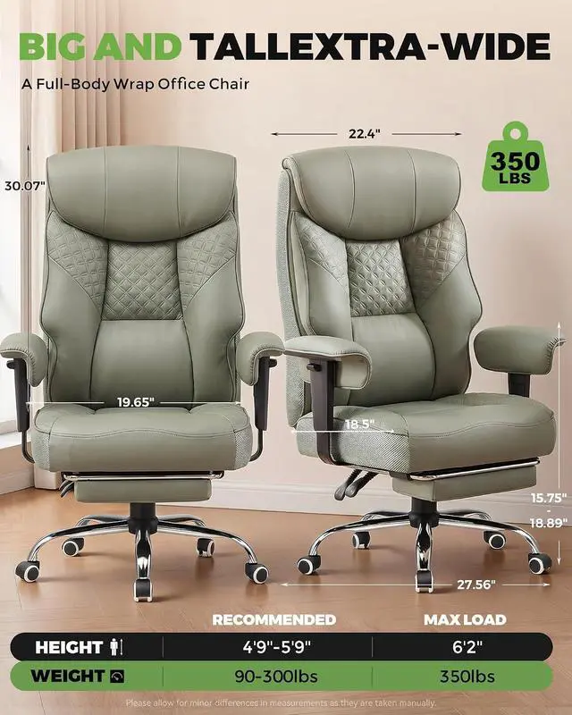 Alt view image 2 of 7 - Big and Tall Office Chair, High Back Computer Gaming Chair with Ergonomic Lumbar Support &Pocket Spring Cushion for Lower Back Pain Relief, Leather Executive Chair with Foot Rest, Green