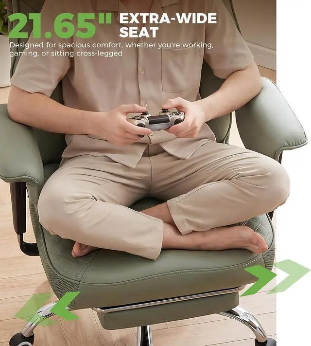 Alt view image 3 of 7 - Big and Tall Office Chair, High Back Computer Gaming Chair with Ergonomic Lumbar Support &Pocket Spring Cushion for Lower Back Pain Relief, Leather Executive Chair with Foot Rest, Green