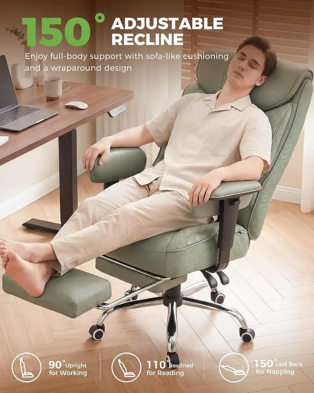 Alt view image 5 of 7 - Big and Tall Office Chair, High Back Computer Gaming Chair with Ergonomic Lumbar Support &Pocket Spring Cushion for Lower Back Pain Relief, Leather Executive Chair with Foot Rest, Green