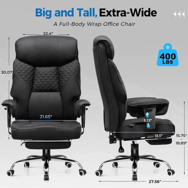 Alt view image 3 of 7 - Big and Tall Office Chair, High Back Computer Gaming Chair with Ergonomic Lumbar Support &Pocket Spring Cushion for Lower Back Pain Relief, Fabric Executive Chair with Foot Rest, Black