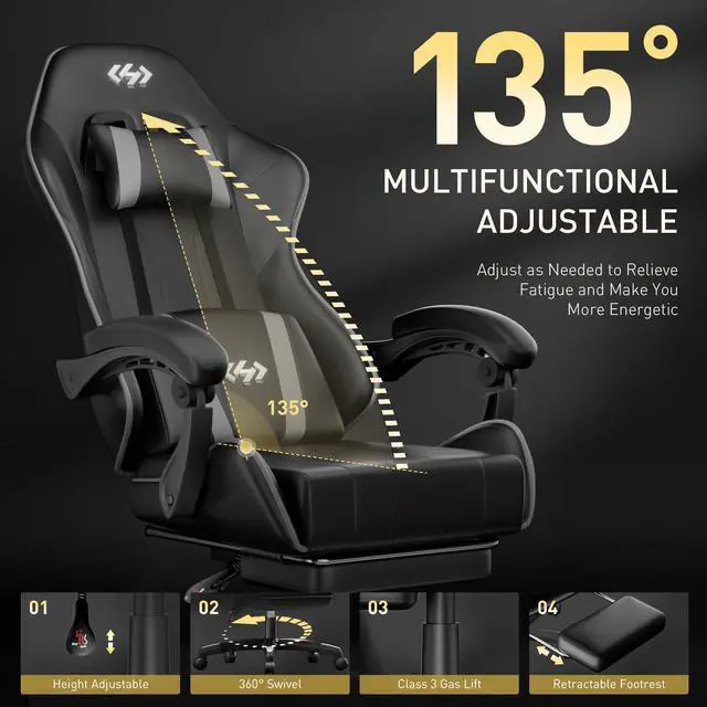 Alt view image 6 of 7 - Gaming Chair, Ergonomic Computer Office Chair with Lumbar Support Footrest Headrest, Adjustable Height & Backrest Angle Video Gamer Chair, PU Leather, 360° Swivel, Adult (Black&Grey)