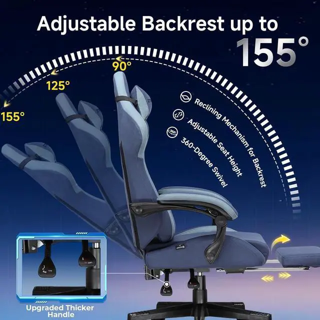 Alt view image 4 of 7 - Gaming Chair, Video Game Chairs with Footrest and Lumbar Support, Computer Chair for Adults with Extended Backrest, Ergonomic Reclining Silla Gamer, Fabric, Dark Blue