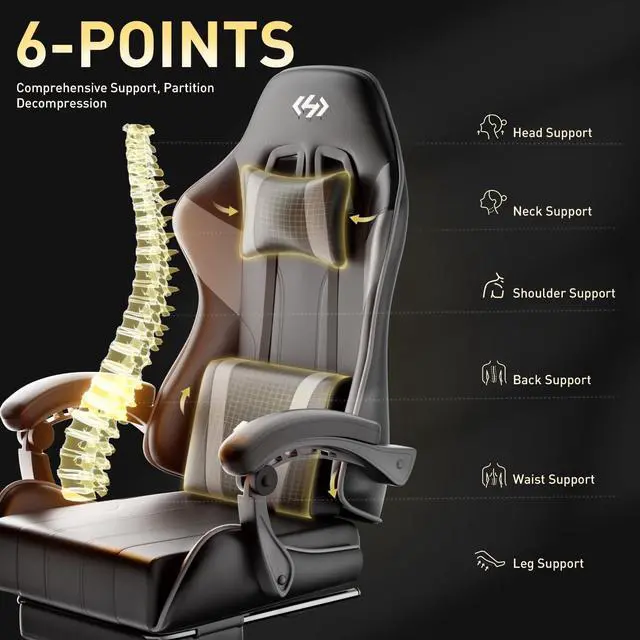 Alt view image 7 of 7 - Gaming Chair, Ergonomic Computer Office Chair with Lumbar Support Footrest Headrest, Adjustable Height & Backrest Angle Video Gamer Chair, PU Leather, 360° Swivel, Adult (Black&Grey)
